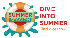 Go to SDSU 2022 Summer Session. Orange and white inner tube splashing water.