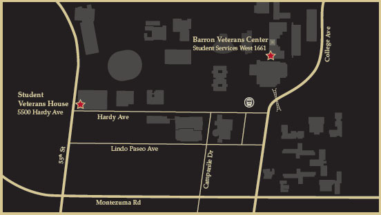 Map showing proximity of Student Veterans House to Barron Veterans Center